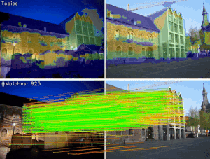 Two building images with colored topic regions and lines connecting matched image features