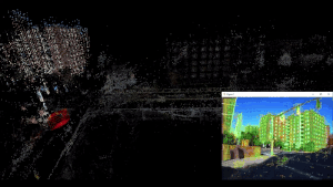 A reconstructed outdoor point cloud with a camera image of the building used for visual localization