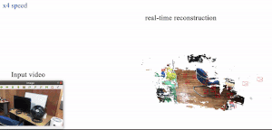 An indoor input video frame beside the resulting 3D point-cloud reconstruction