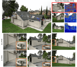 Reconstructed house and rendered views comparing Gaussian splatting with and without novel view selection