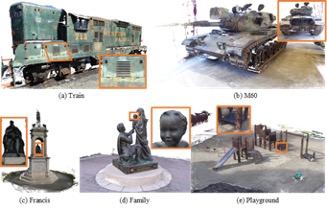 Multi-view reconstructions of a train, tank, statue, sculptures, and playground with enlarged detail regions