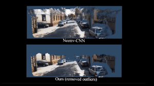 Street-scene reconstructions comparing Nconv-CNN with the proposed method, highlighting removed outliers